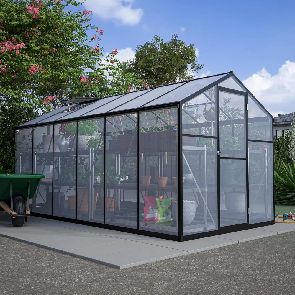 

6x12 FT Polycarbonate Greenhouse, Upgraded Green House with Double Flush Door, Heavy Duty Green Houses with Rain Gutter and Vent