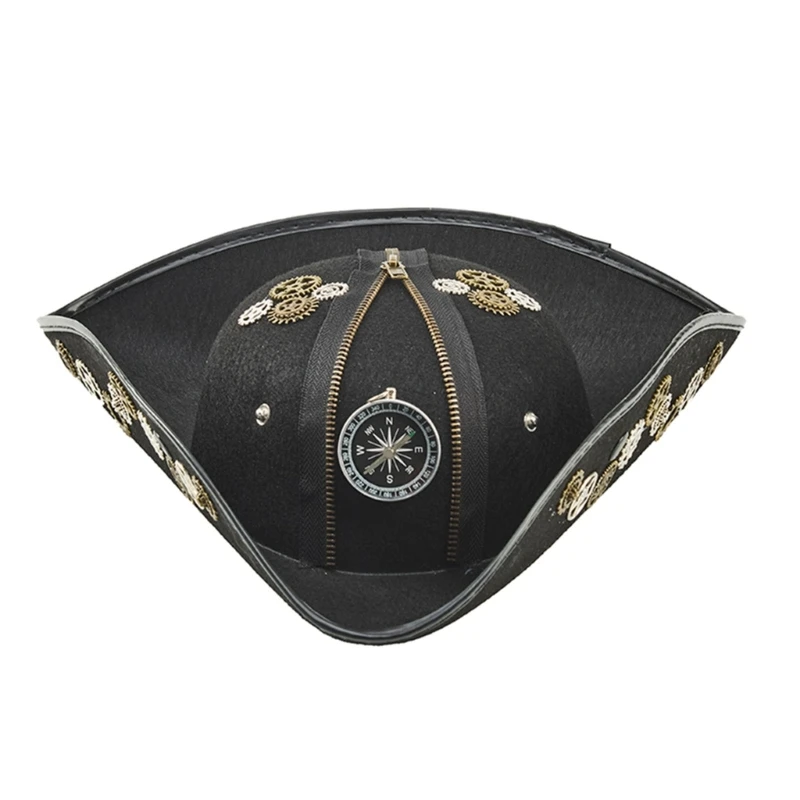 R7UF Victorian Styles Pirate Cap Metal Zippers And Gear Decors Adult Tricorn Hat