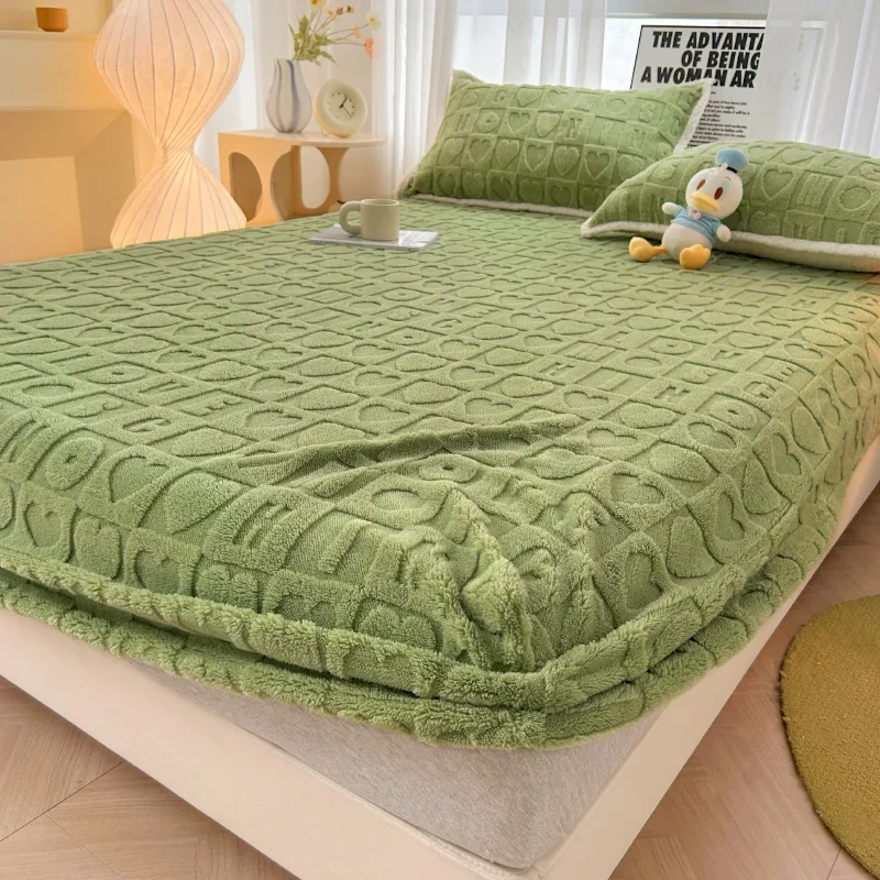 Green Milk Velvet Single Bedding Tuff Wool Solid Color Carved Mattress Cover 90x200 120x200 200x220 Bed Sheet Set No Pillowcase