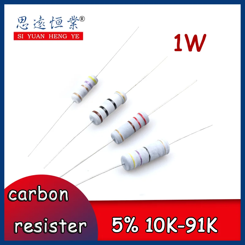 Película de carbono 20 piezas 1W, resistencia de anillo de color en línea de precisión 5%, valor de resistencia 10K-91K