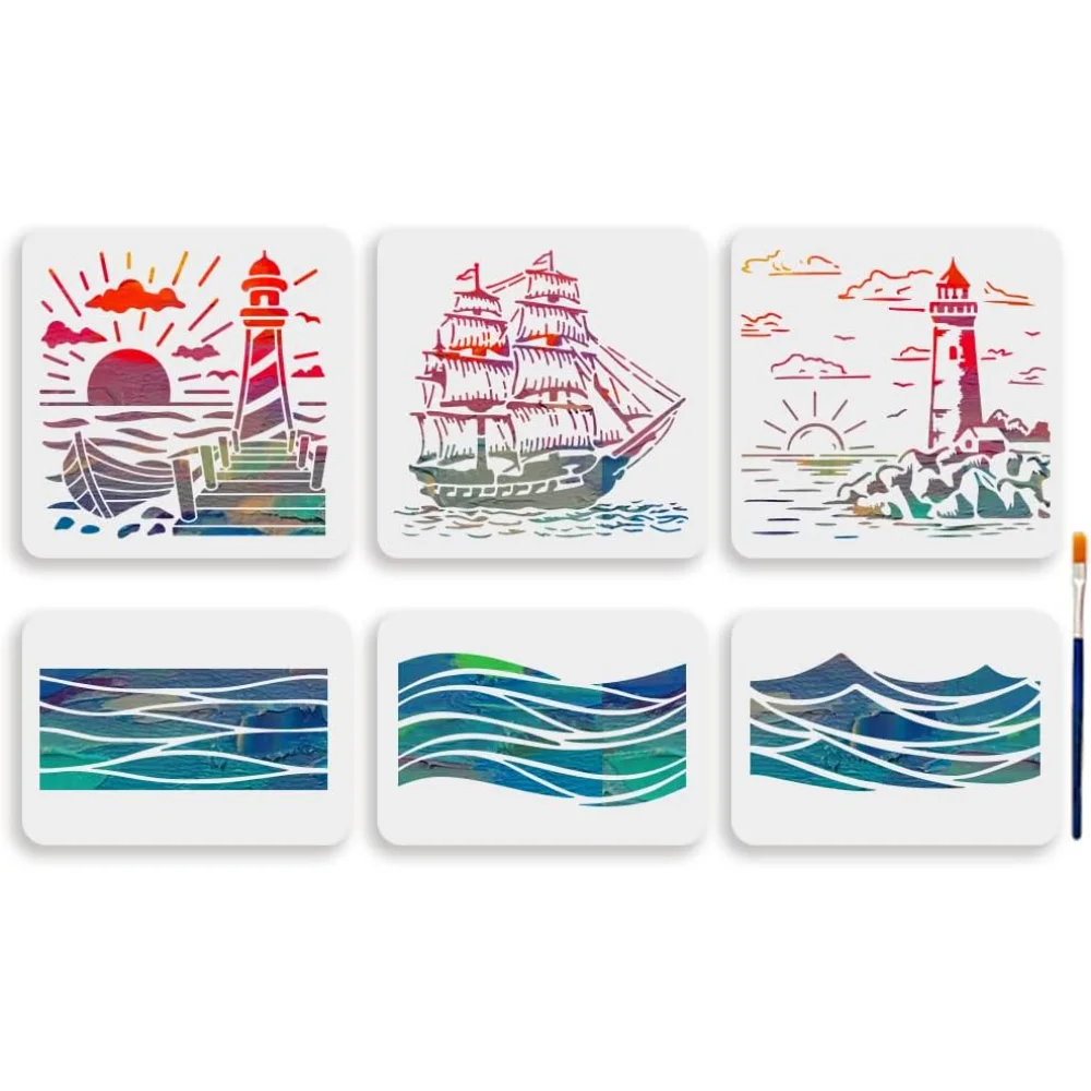 6pcs Lighthouse Sea Wave Stencil 11.8×11.8/11.7×8.3inch Nautical Ocean Ship Stencils Reusable Island Lighthouse Sunset Wave
