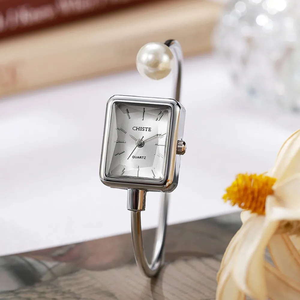Simple Square Dial Wrist Watch Pearl Strap Open Bracelet Quartz Watch Pearl Bracelet Watch Women