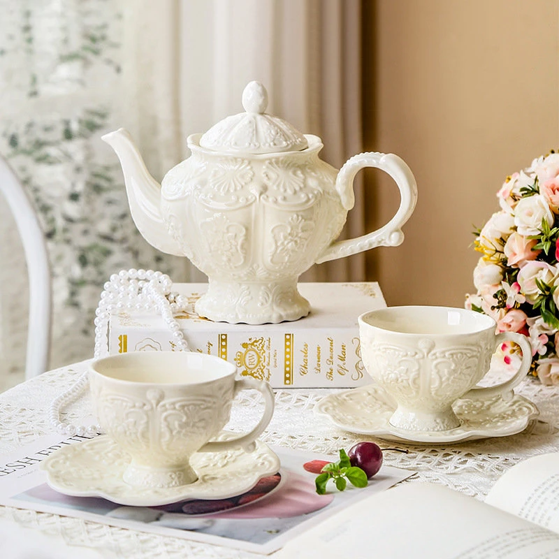 

Ceramic Relief Teapot Afternoon Tea Cup Dish Set Household Dessert Plate Snack Plate High Leg Cake Plate Tea Set Household Goods