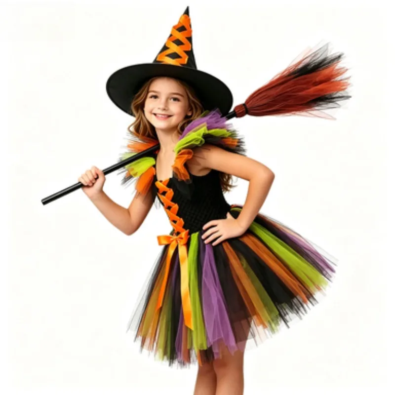 Children's stage performance Clothes for festivals,  stylish mesh suit for girls,  complete Halloween witch-style tutu dress
