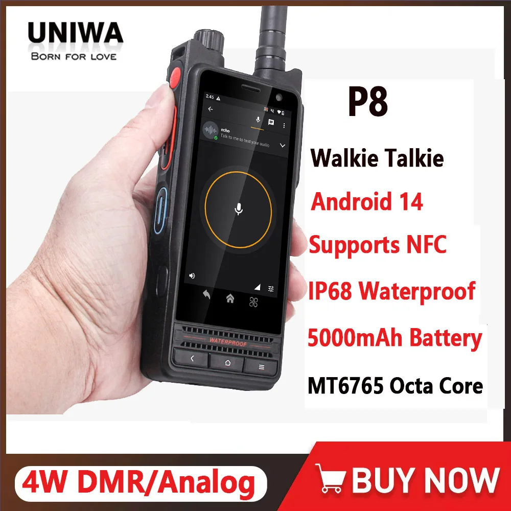 UNIWA P8 UHF Smart Zello Mobile Walkie Talkie 4W (DMR/Analog) Dual Mode Andriod 14 Touch Screen IP68 Waterproof With NFC 5000mAh