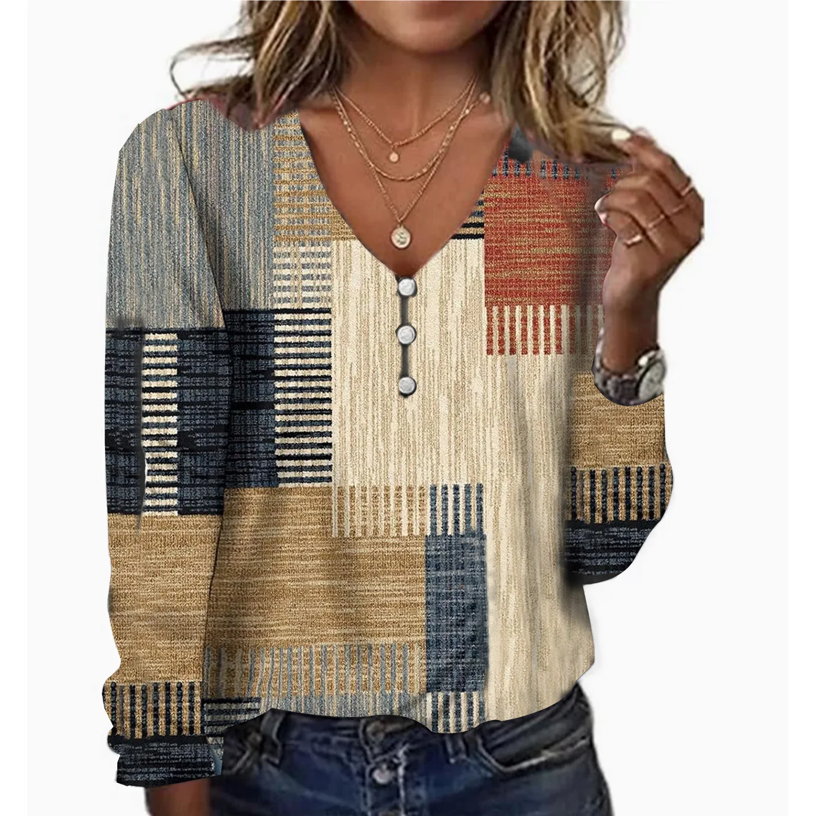 2026 new hot selling V-neck starry sky tie dye pearl button long sleeved T-shirt t-shirts T-shirts tops Women's clothing tops