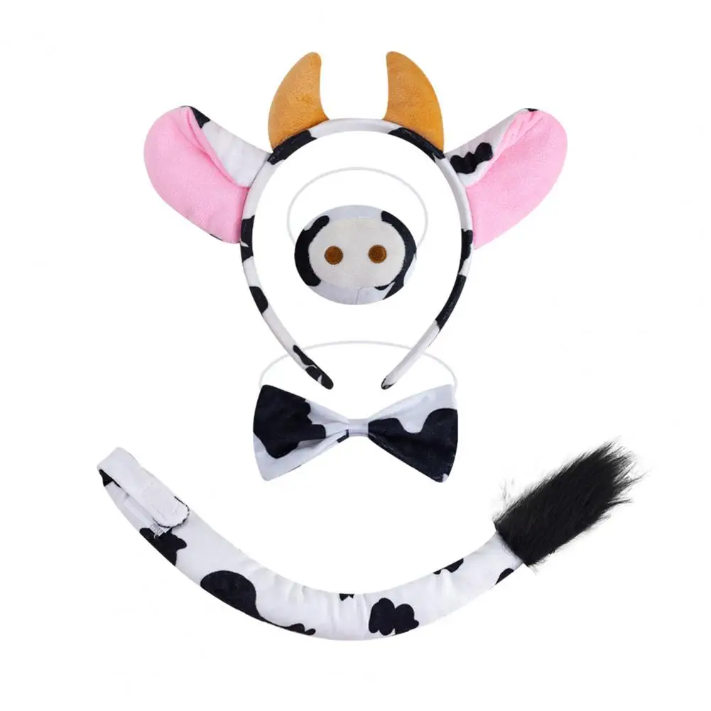 Cow Horns Headband Farm Animal Costume Set for Adults Teens Cow Ears Hair Hoop with Bendable Tail Black White Cow Accessories