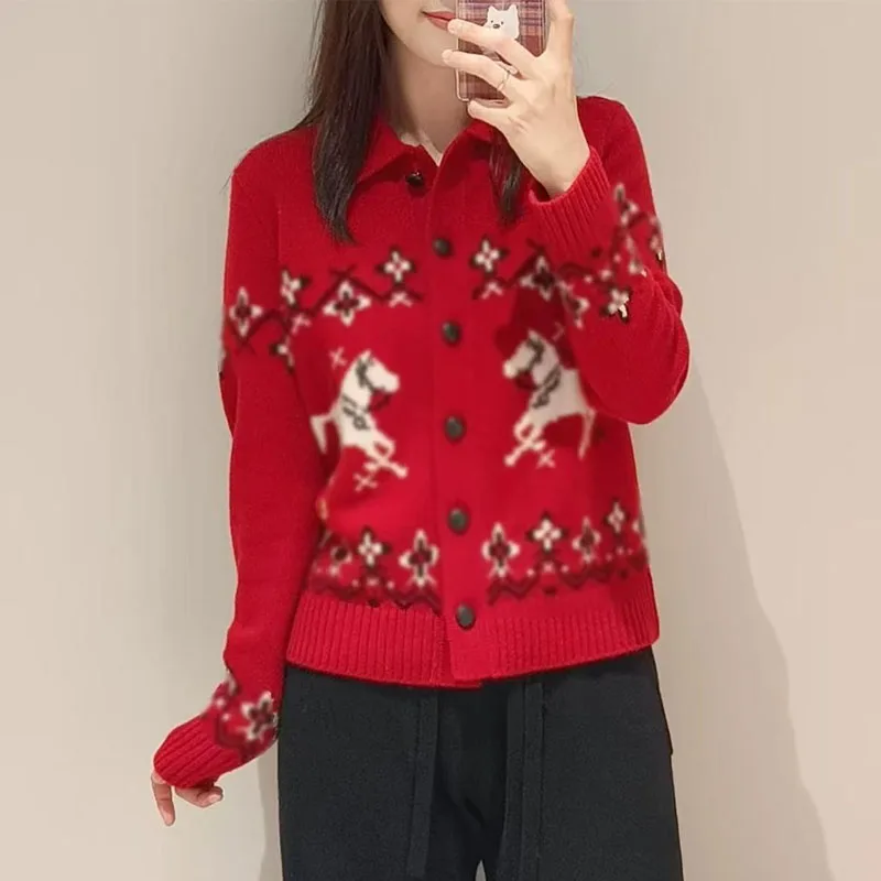 

Трикотаж с отложным воротником, вязаный свитер, женские кардиганы, новый красный вязаный свитер с длинными рукавами, кардиган, женские топы, трикотаж Q2569