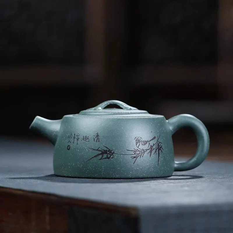 Yixing Purple Sand Mine Green Mud Bird Language Flat Well Fence Xishi Tea Pot Beauty Kettle Customized Zisha Tea Set Authentic