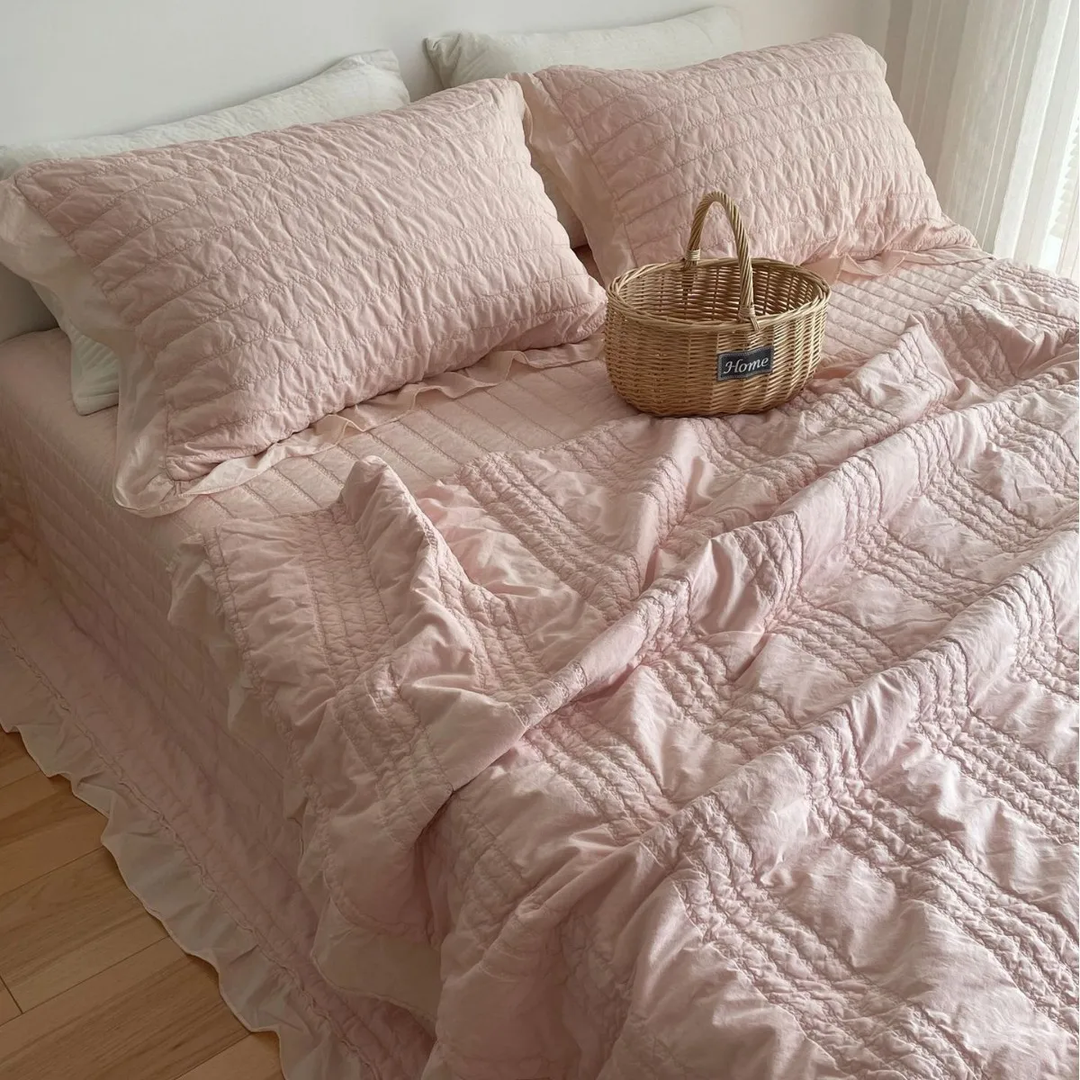 Sandwashed 100% Cotton Bedspread 3-Piece & Lightweight Quilted Comforter 4-Piece Set, All-Season Ruffle Bedding for Home Decor