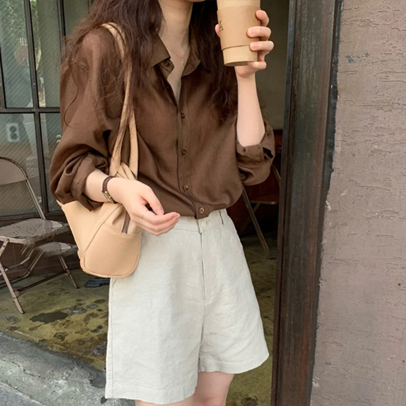 

Casual Elegant All-match Loose Female Blouse Simple Solid Shirts 2024 Summer Korean Chic Lapel Long Sleeve Women Tops