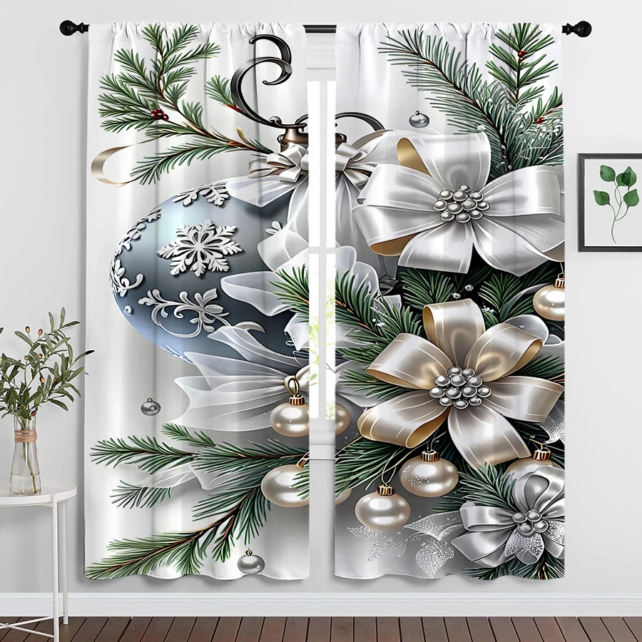 2PCS Christmas Curtains, Silver Blue Bauble, Digital Print, Bedroom Living Room Kitchen, Rod Pocket Polyester, Home Decor