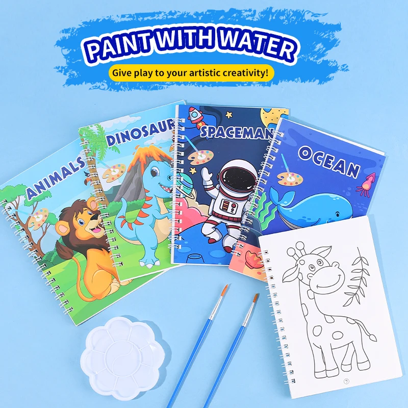 สมุดระบายสีน้ำแบบ 4 เล่ม ชุดหนังสือระบายสีสำหรับเด็ก ของเล่นวาดภาพ ระบายสีสัตว์และไดโนเสาร์ สมุดระบายสีน้ำ