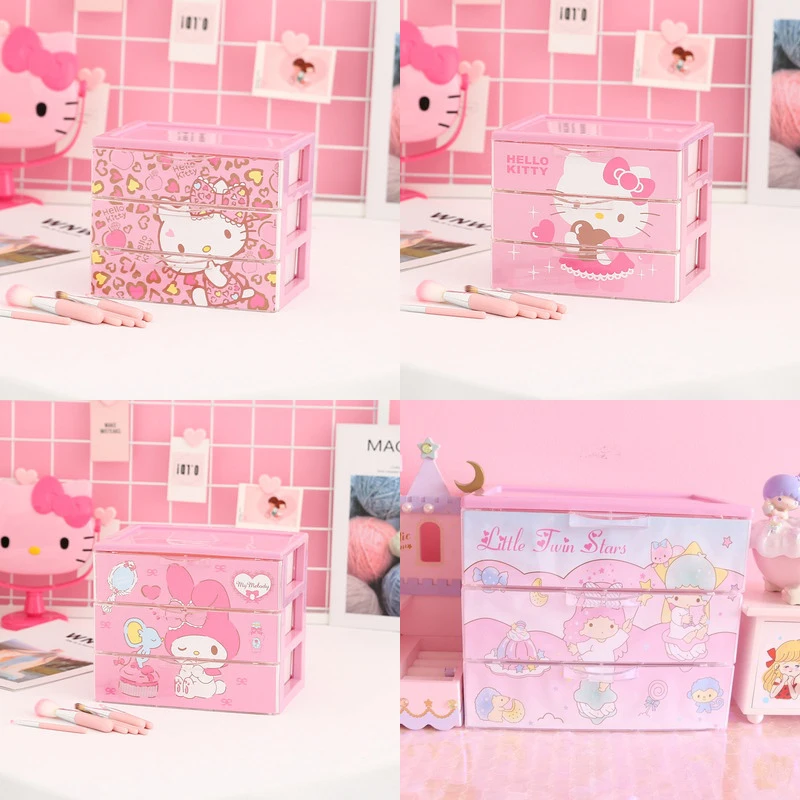 

Kawaii Sanrio Desk Organizer Cartoon Hello Kittys My Melody Cinnamoroll Storage Box Cute Beauty 3 Drawer Desktop Toys for Girls