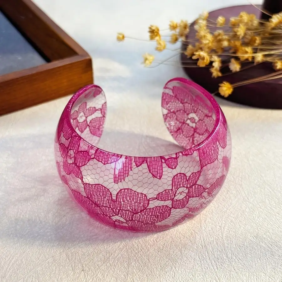 1/5/10/20/50/100pcs Women's Fashion Open Bangle, Gothic Style Black Lace Pattern Acrylic Wide Open Bangle, Cool Street Style Dai