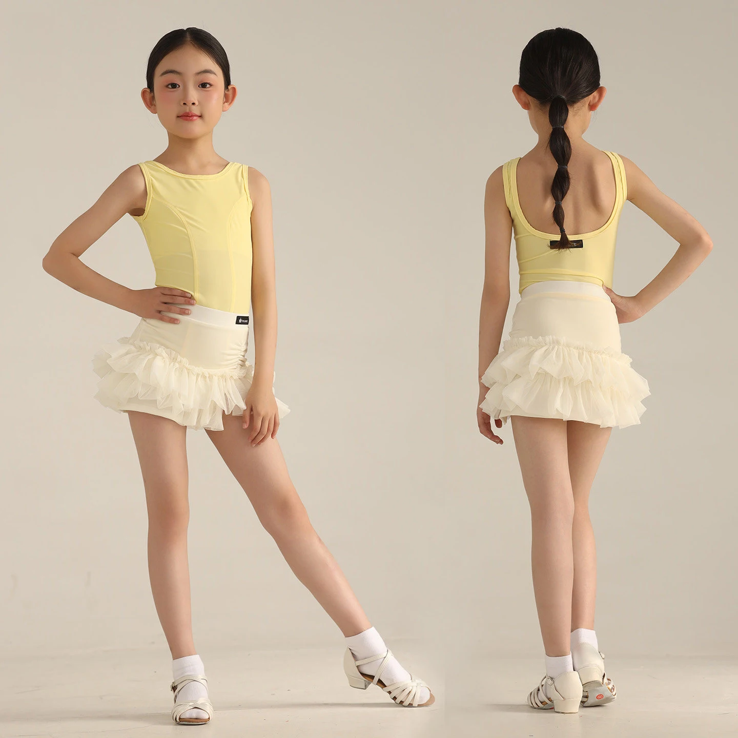 

2026 Girls Yellow Latin Dance Dress Performance Costume Sleeveless Top Skirt Children Competition Practice Wear Clothes DQL12653