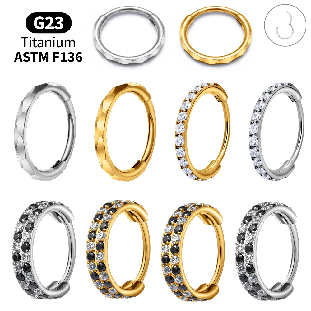 Septum Clicker Ring - G23チタン製ファセットカットCZヒンジセグメントリングクリッカーフープ、セプタムピアス、ヘリックス、トラガス、軟骨、コンチ、ダイスイヤリング、ボディジュエリー