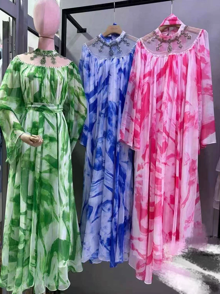 VGH Colorblock พิมพ์ Spliced Sheer ตาข่ายชุดผู้หญิงขาตั้งคอ Patchwork เพชรแขนยาวหลวมพับชุดหญิง