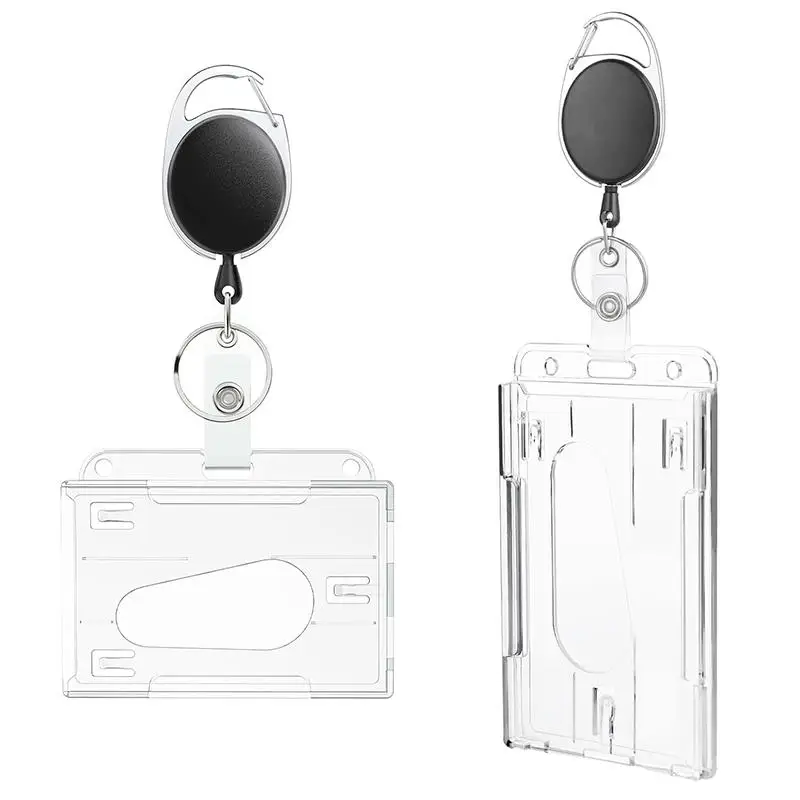 Transparent ID Tag Badge Holder with Badge Reel Card Sleeve Protective Case Stretch Double Cards Slots with Keychain