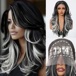 HENRY MARGU Long Wavy Synthetic Lace Front Wig Black White Highlight Curly Wig 13*4 Lace Frontal Natural Wig for Women Daily Use