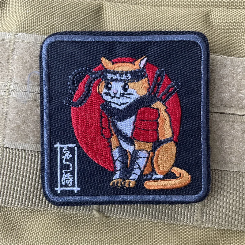 Patch de broderie de chat de samouraï du Japon, patchs d'anime pour vêtements, crochet et boucle, autocollants d'emblème de dessin animé, équipement de sac à dos