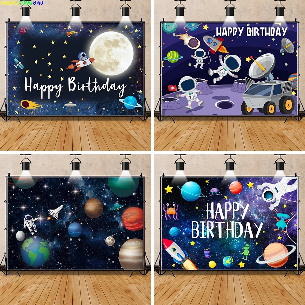 

Cartoon Astronaut Photo Backdrops Planet Blue Starry Roket Space Station Child Birthday Party Photographic Backgrounds