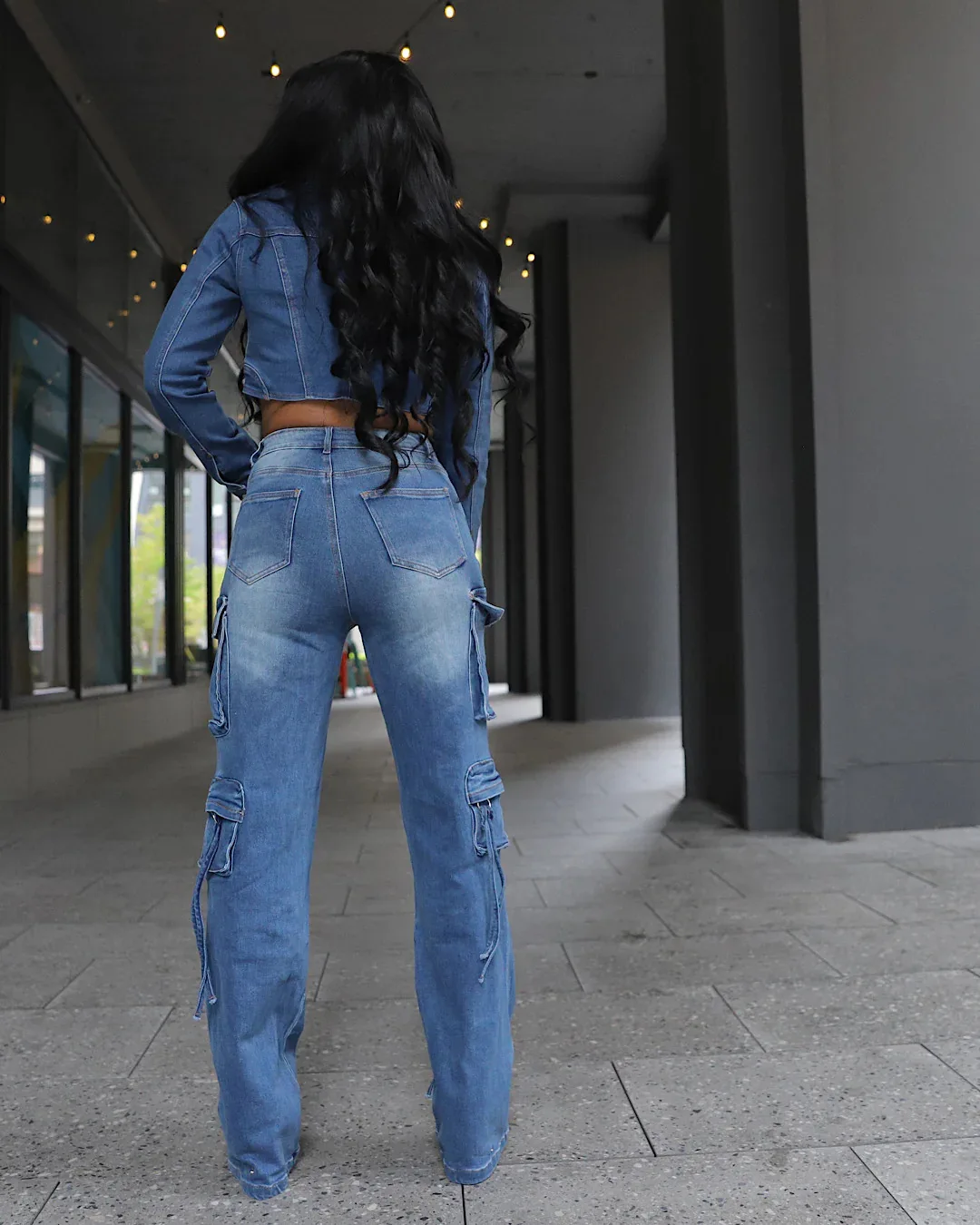 Women Set Autumn Winter Fashion Irregular Denim Crop Jacket And Multi Pockets Cargo Jeans Two Piece Sets Casual Denim Jacket Set