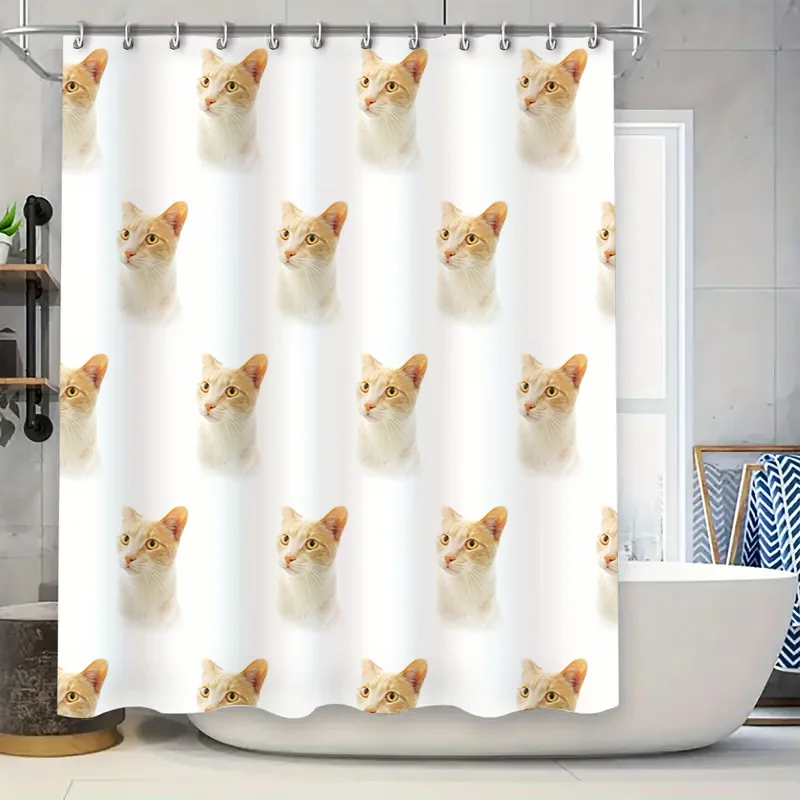 

Adorable Cat Face Shower Curtain Modern Bathroom Decor for Pet Lovers White Yellow Kitten Print Home Decoration Wall Art