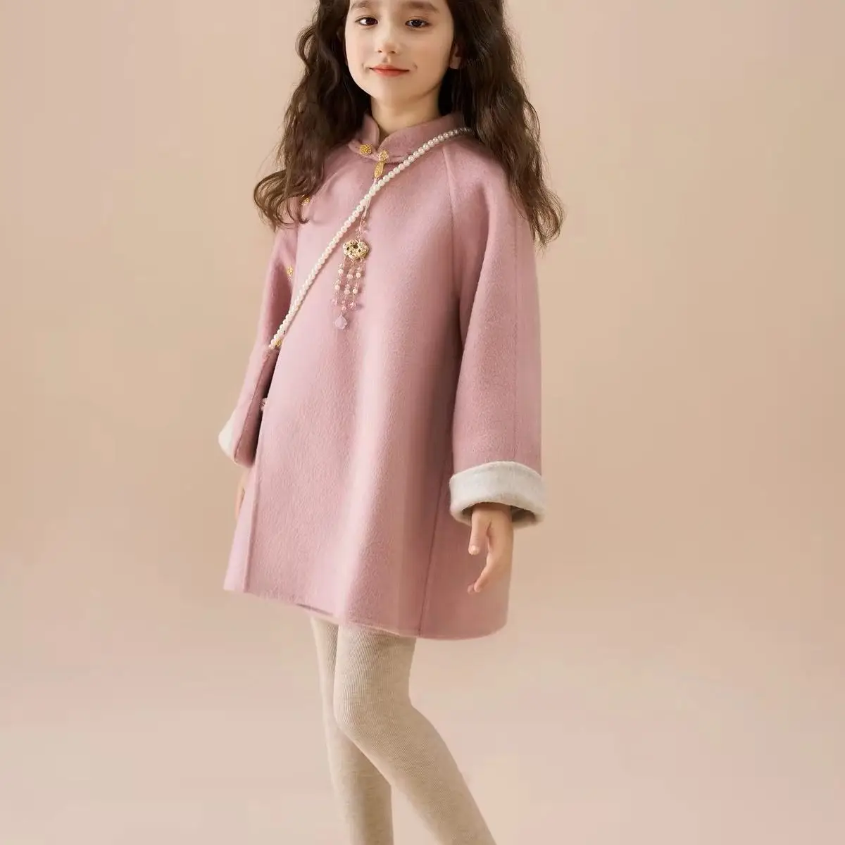 Girls Pink Chinese Knot Button Woolen Coat 2026 Autumn Winter New Kids Sweet Elegant Long Overcoat Children Clothing