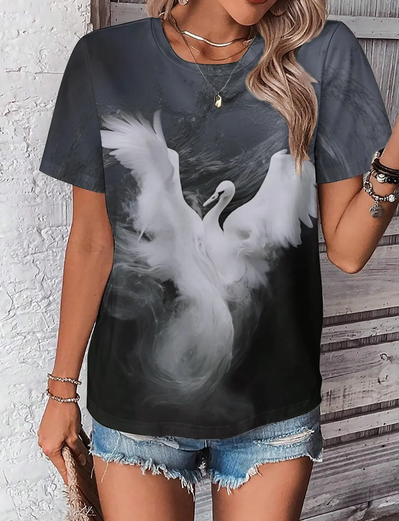 Women's Swan Print Short Sleeve T-shirt Round Neck Fashion Casual Top Spring Summer High Quality Comfortable Street Wear