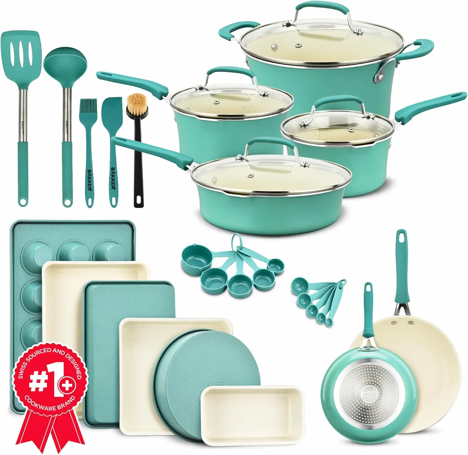 

Cookware Set 23 Piece Aqua Multi-Sized Cooking Pots with Lids Skillet Fry Pans and Bakeware Reinforced Pressed Aluminum Metal