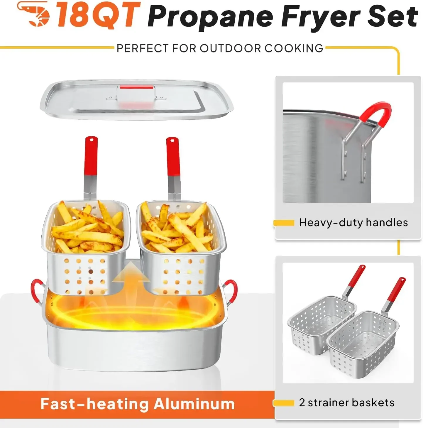 Propane Deep Fryer Outdoor Burner Aluminum Baskets Thermometer Cover Lid Tong Fish Wings Gatherings