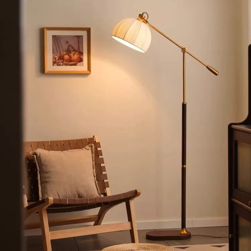 French Wooden Base Wrought Iron Rocker Arm LED Floor Lamps Fabric Lampshade Living Room Bedroom Restaurant Office Standing Light