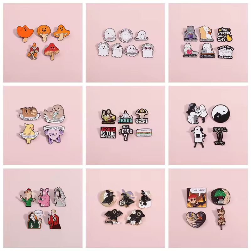 4-7 unids/set Pin esmaltado Rana seta pez globo cuervo gótico broches de animales lindo fantasma Jesús solapa insignia regalo de joyería para chico