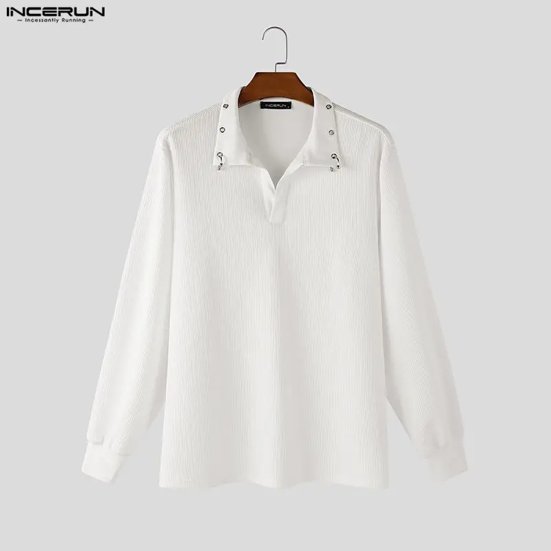 

INCERUN Мужская рубашка сплошной цвет с лацканами и длинным рукавом, свободная повседневная мужская одежда, уличная одежда, модные топы в корейском стиле, мужские рубашки 2026