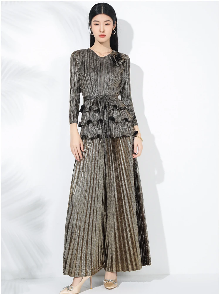 

Модные плиссированные повседневные брюки, весенний женский пуловер с длинными рукавами и 3D цветами, топы + свободные широкие брюки, осенний комплект из двух предметов