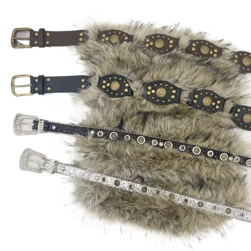

Пояс из искусственного меха с заклепками в стиле панк Y2K, винтажный, с металлическими элементами, плюшевый, для джинсов, аксессуар
