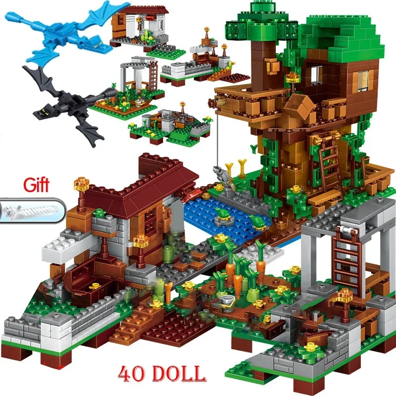 Legoinglys Building Blocks Brinquedos para Crianças, Minecrafted Village, Warhorse City, Tree House, Waterfall Brinquedos Educativos, 1208Pcs, Hot