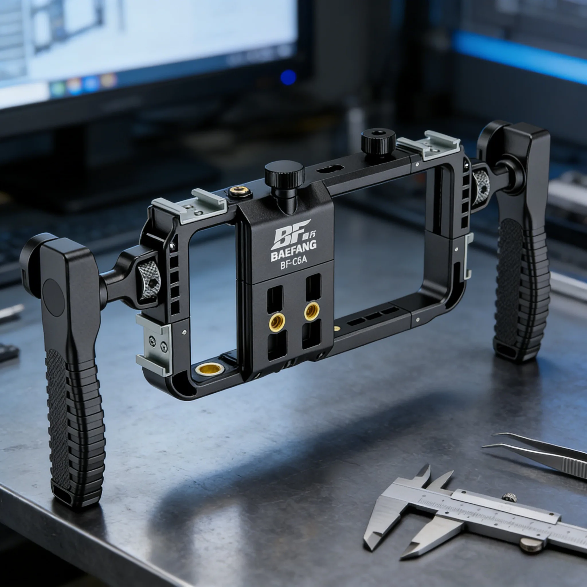Uniwersalna klatka do telefonu komórkowego z interfejsem hot shoe, gwintem 3/8″ i 1/4″-20 / M6 oraz rozszerzalnym światłem wypełniającym. — zdjęcie produktu 6
