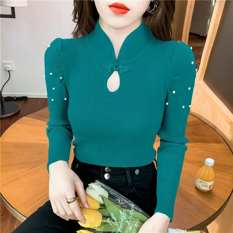 Autumn Winter Retro Beaded Puff Sleeve Bottoming Shirt with Western Style Stand-up Collar Hollow Knitted Sweater Elegant Top