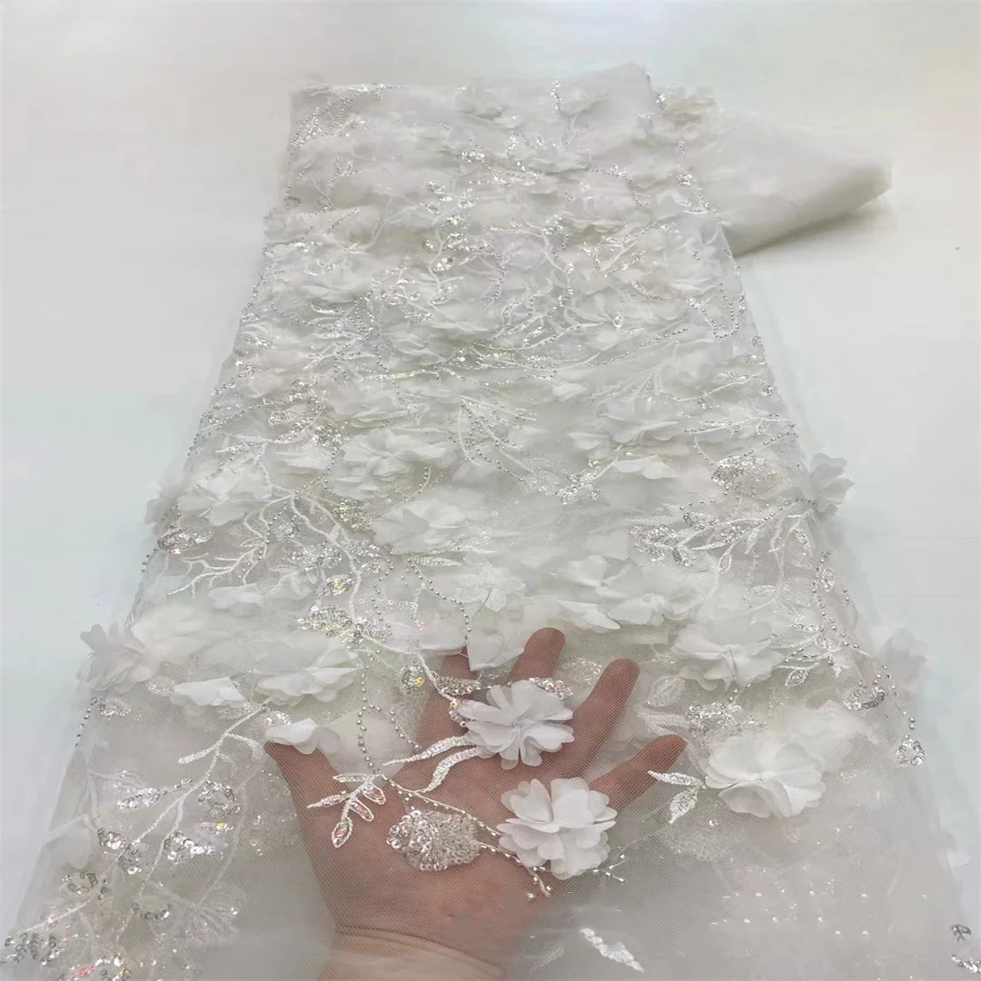 8 Colors 3D Three-Dimensional Flower Beaded Tube Embroidered Mesh Fabric Sequin Lace Wedding Dress Material