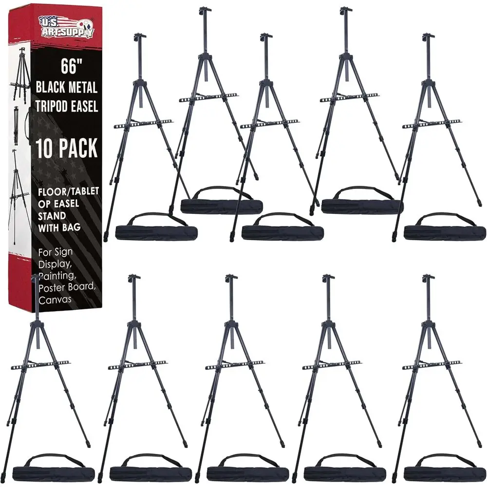 

Set of 10 Black Metal Tripod Easels - Adjustable 20 to 5.5', Holds 32 Canvas - Portable Stand for Art Displays and Paintings