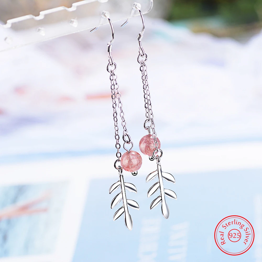 

Quality New Women's Jewelry Fashion 925 Stelring Silver Strawberry Quartz Leaf Drop Earrings FQL25089