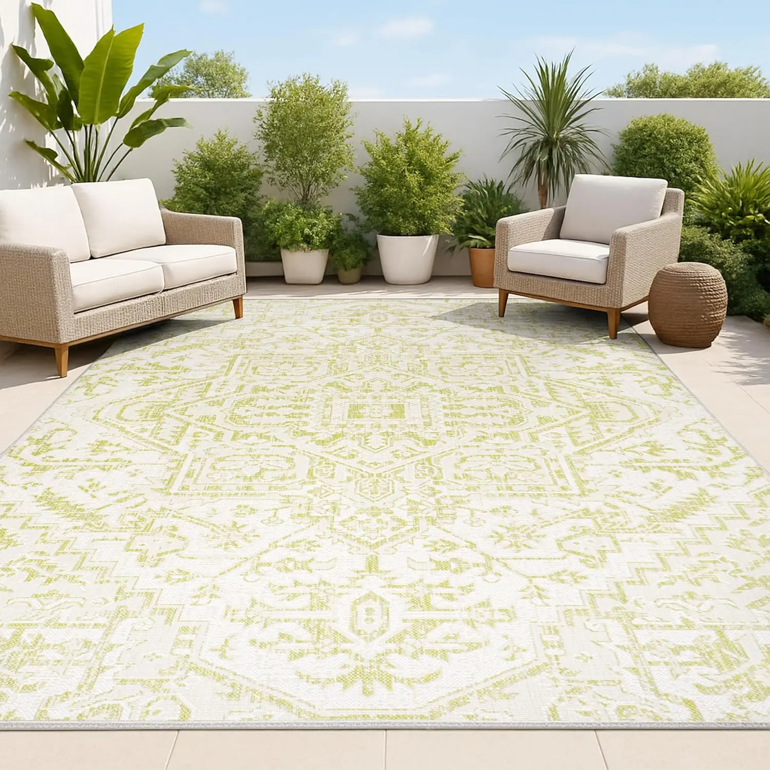 

Boho Medallion Indoor Outdoor Area Rug 4X6 Cream/Green, Estrella Textured Weave for Backyard, Patio, Porch, Easy-Cleaning, Hi
