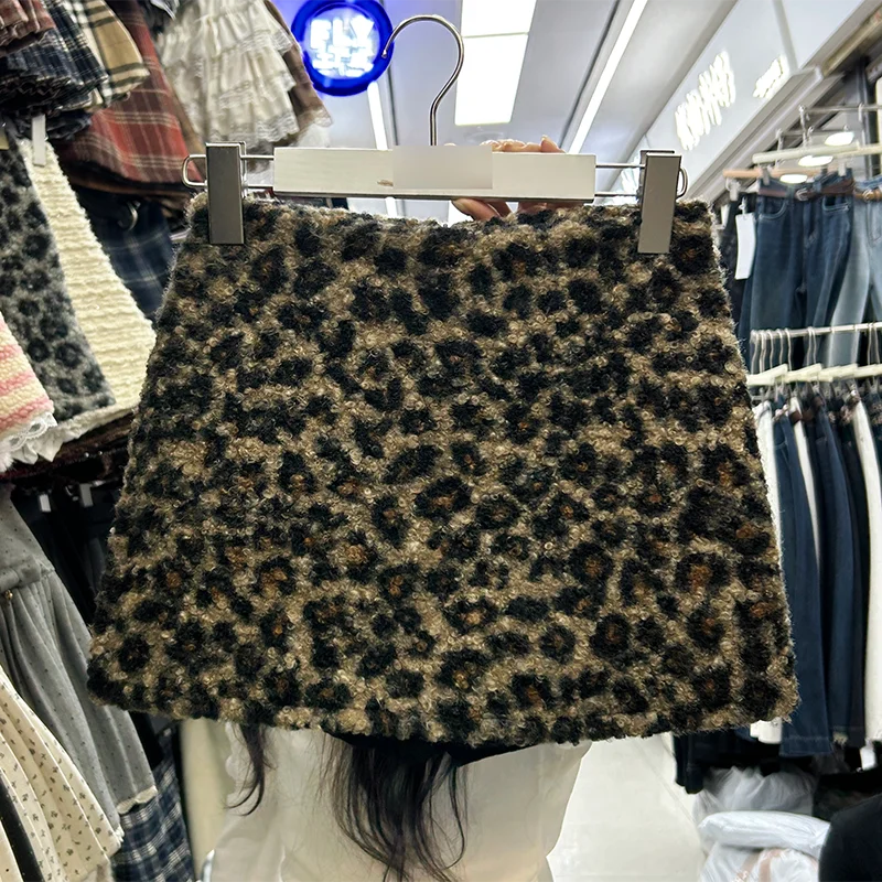 Autumn Winter Imitation Lamb Wool Skirt American Casual Fashion Retro Women's Leopard Print Plush A-line Slim Short Skirts