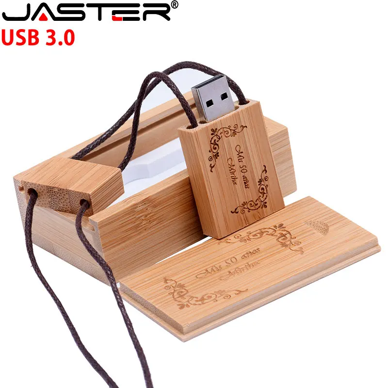 JASTER USB 3.0 Flash Drive 128GB  Free Custom Logo Wooden Box Pen Drive Memory Stick Corded Pendrive 64GB 32GB 16GB Wedding Gift