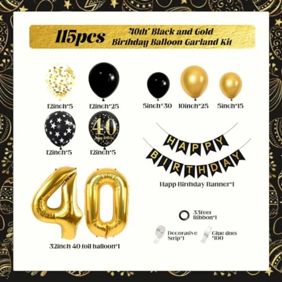 115 قطعة قوس بالون عيد الميلاد الأربعين مع بالون الذهب الأسود جارلاند عيد ميلاد سعيد راية 40th احباط بالون لعيد الميلاد 40 ديسمبر