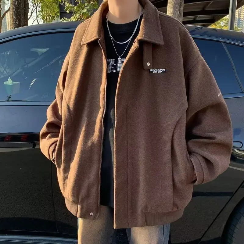 

Ретро-коричневое шерстяное пальто из мериноса для мужчин, повседневное, осенне-зимнее, новое, свободного кроя, в стиле бомбер, из полиэфирного волокна, теплое