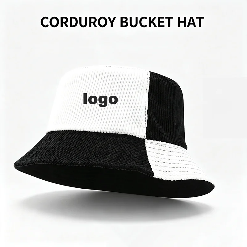 Custom Logo American Vintage Corduroy Bucket Hat Two Tone Patchwork Wide Brim Sun Hat Retro Unisex Warm Cap For Men Women
