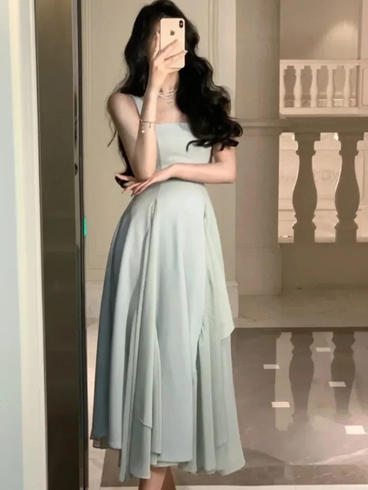 Elegant Dresses for Women Ruffles Evening Party Dress Sleeveless Square Collar A Line Solid New Summer Prom Robe Korean Vestido